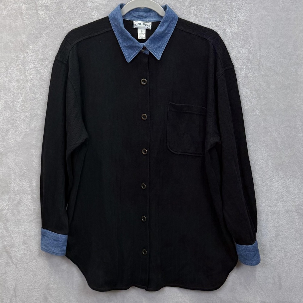 VTG Frazier Lawrence Button-Up‎ Womens M Black Contrast Denim Collar Cuff Pocket